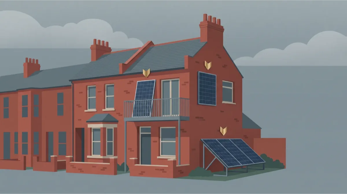 Three solar panels in different positions on and around a British red-brick building: one tilted on a garden frame, one vertical on a balcony railing, one against a wall, under a grey sky.