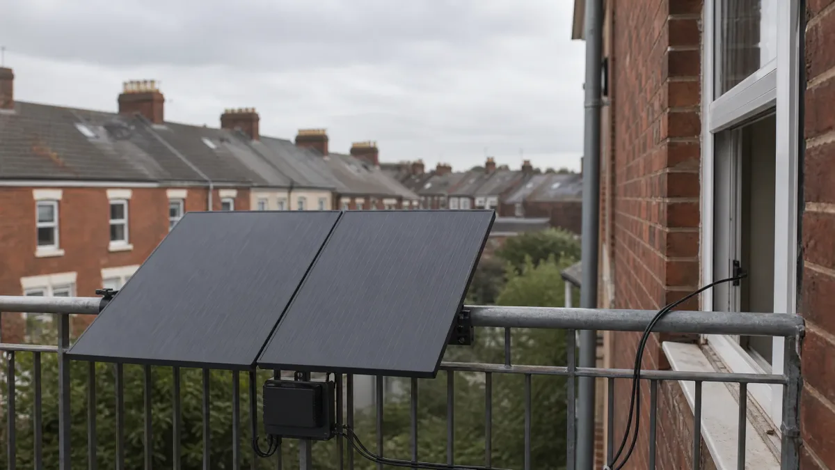 A two-panel plug-in solar kit mounted on a British balcony railing with its microinverter and cable visible, overlooking a row of terraced houses under an overcast sky.