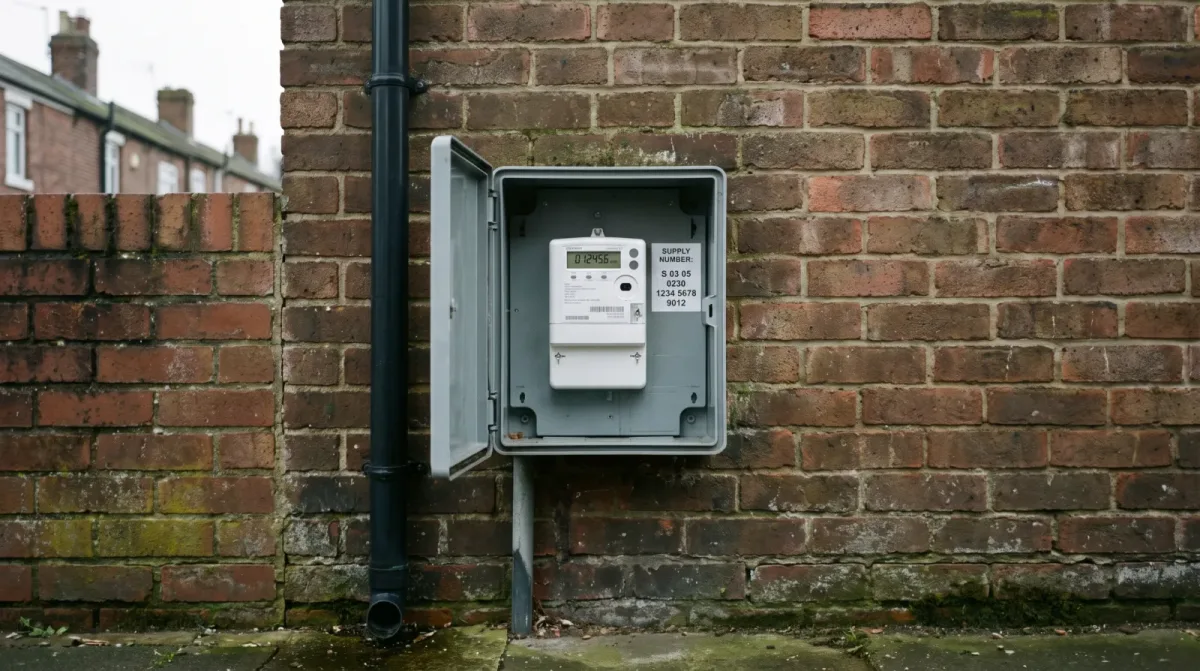 An electricity meter cabinet on the outside wall of a British brick house, its door open to show the meter and the supply number label.