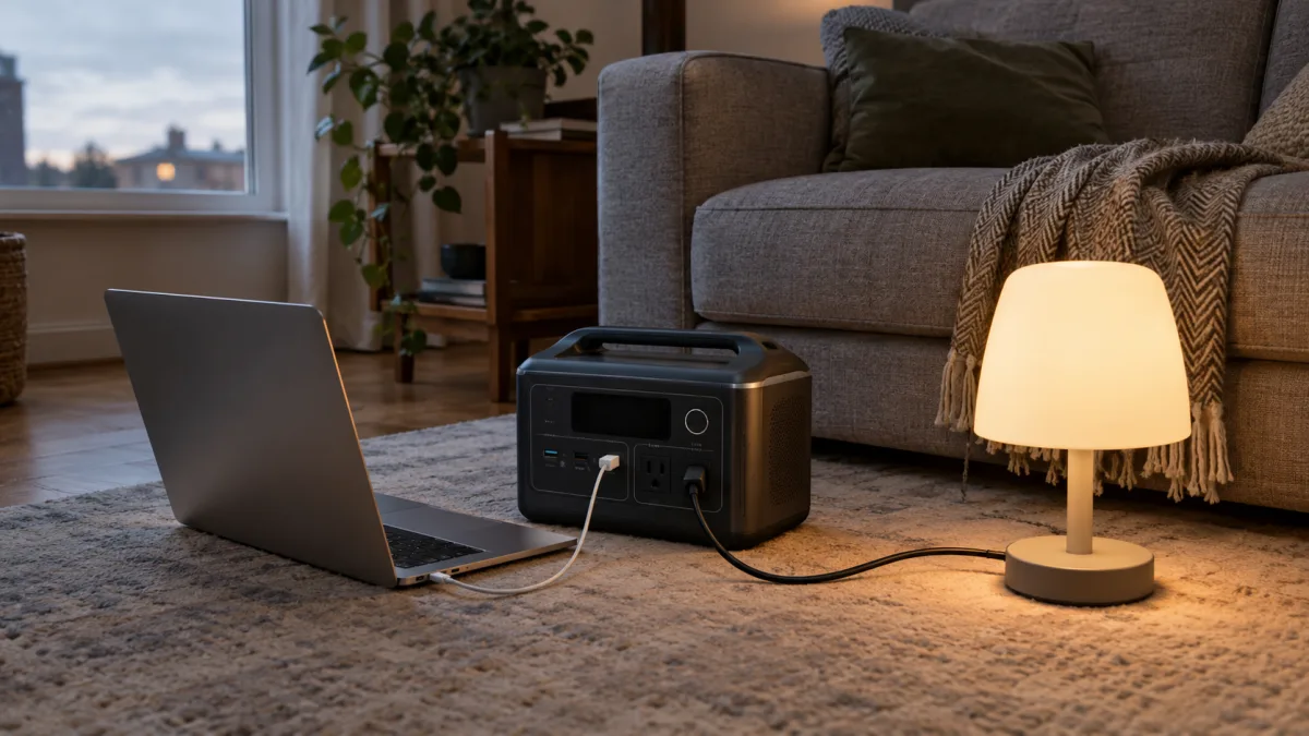 A small portable power station on a living room floor with a laptop and a lamp plugged into it beside a sofa.
