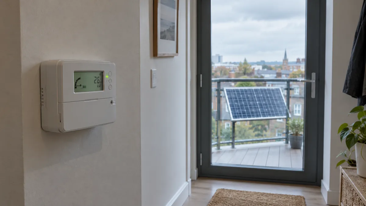 A UK smart meter display on a hallway wall, with a balcony visible through a door and a small solar panel on its railing.