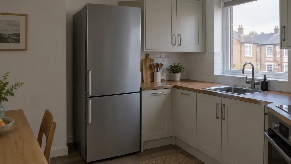 A closed kitchen fridge-freezer in a small UK flat kitchen, with an energy label visible on the inside of the door.
