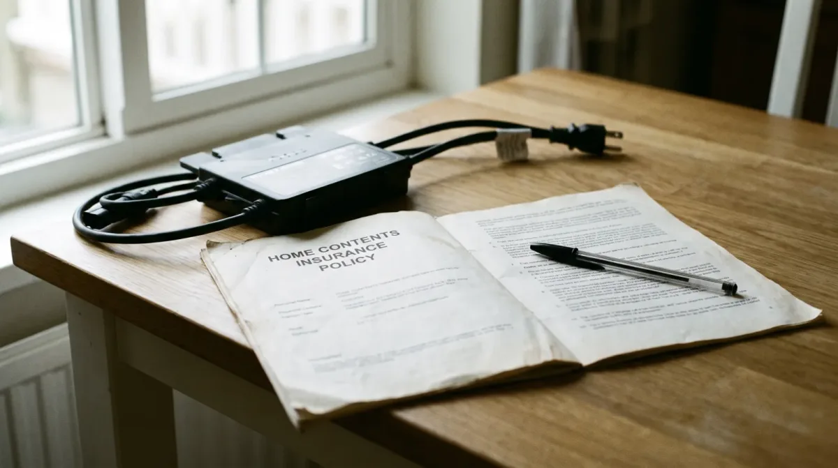 An open home contents insurance policy document on a wooden table beside a solar panel microinverter with its plug and cable, in soft window light.