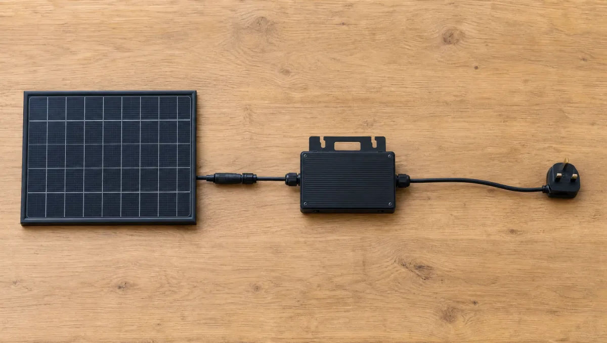 A simple diagram-style photograph of a solar panel, a small black microinverter box, and a UK three-pin plug laid out in sequence on a wooden table.