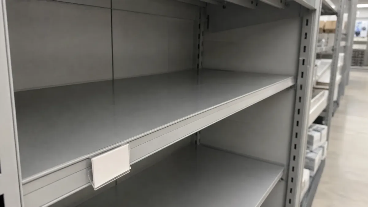 An empty retail shelf with a blank price tag holder clipped to its edge, in an unbranded home improvement store aisle.