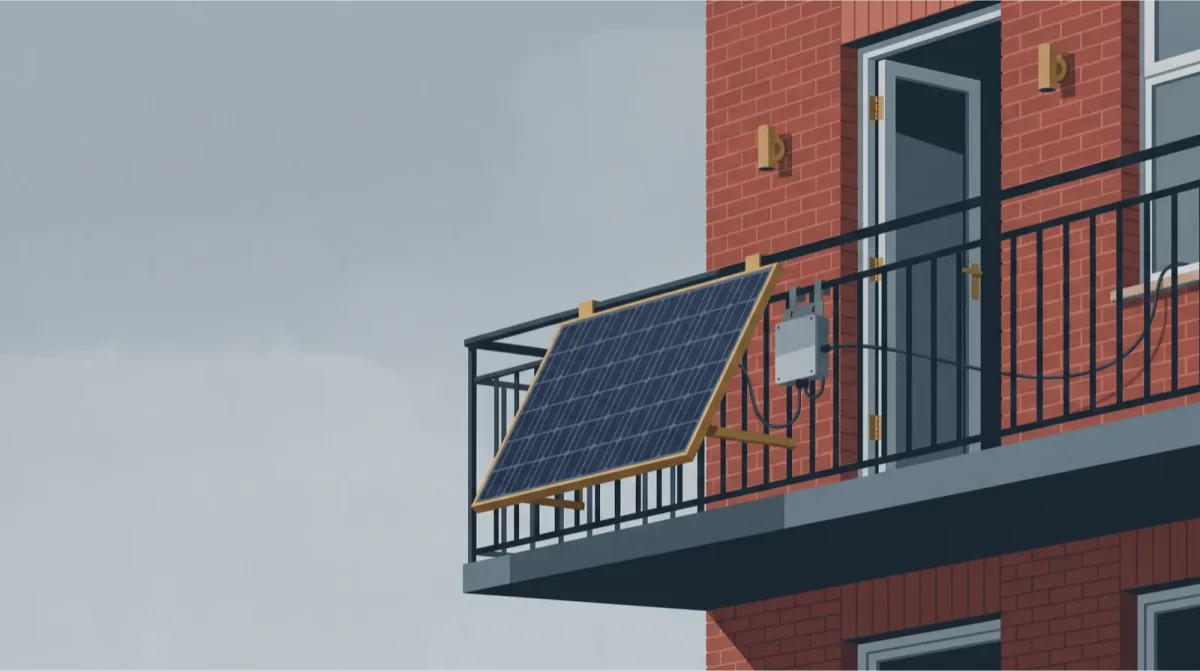 A small grey microinverter box mounted behind a solar panel on a British balcony railing, with one cable running to it from the panel and another running indoors towards a socket.