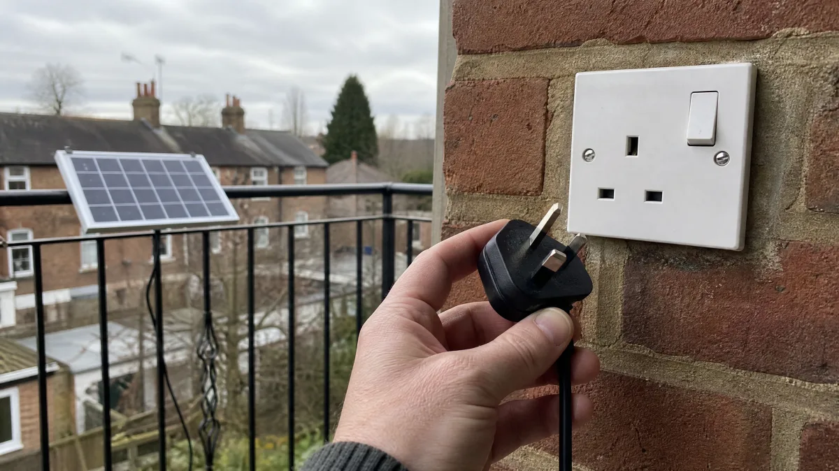 A hand holding a UK three-pin plug near a wall socket on a brick wall, a small solar panel visible on a balcony railing behind.