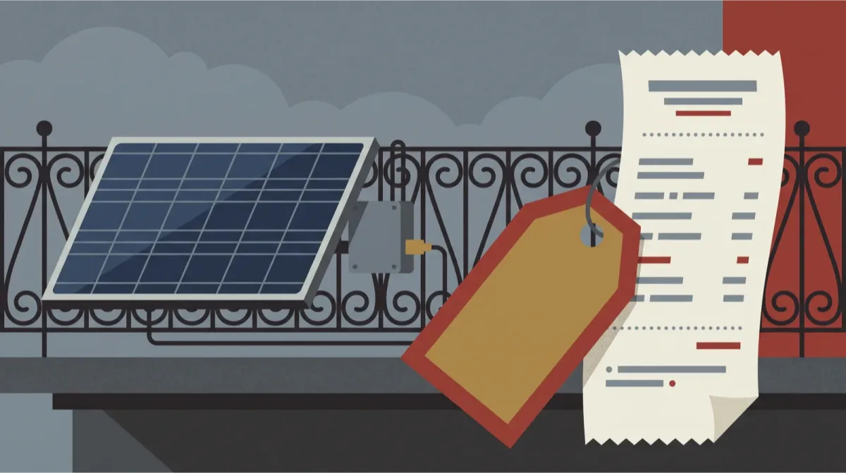 A flat-illustration price tag and receipt beside a small solar panel and microinverter on a British balcony railing, under a grey sky.