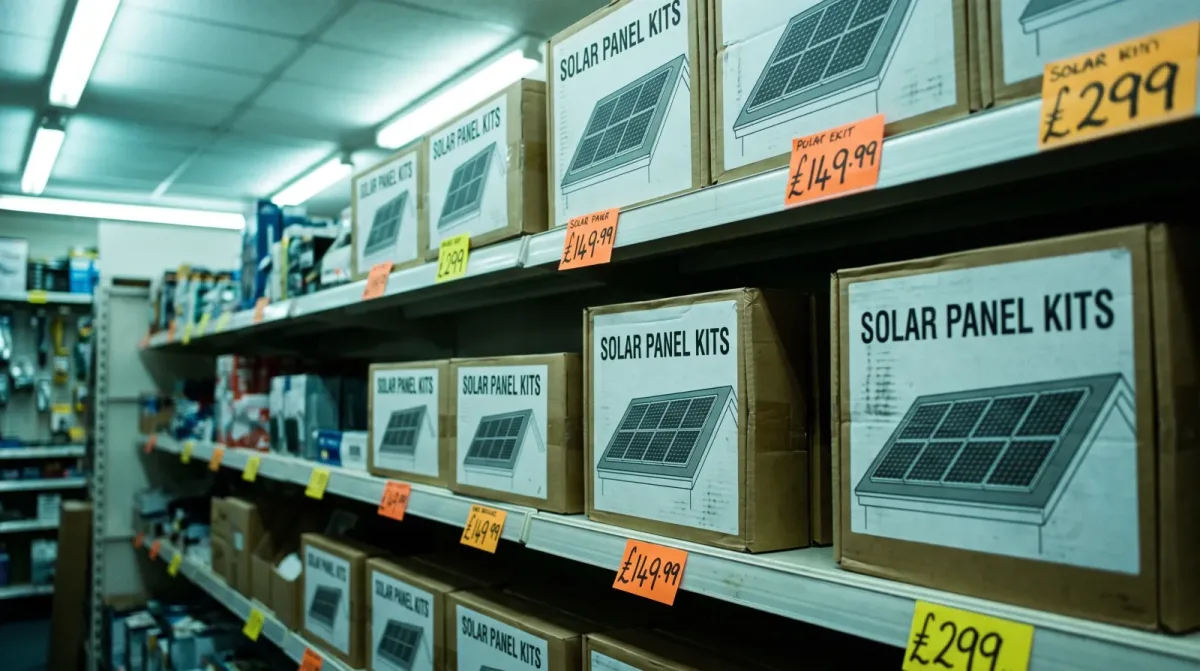Boxed solar panel kits stacked on metal shelving in a British hardware shop aisle under fluorescent lighting.